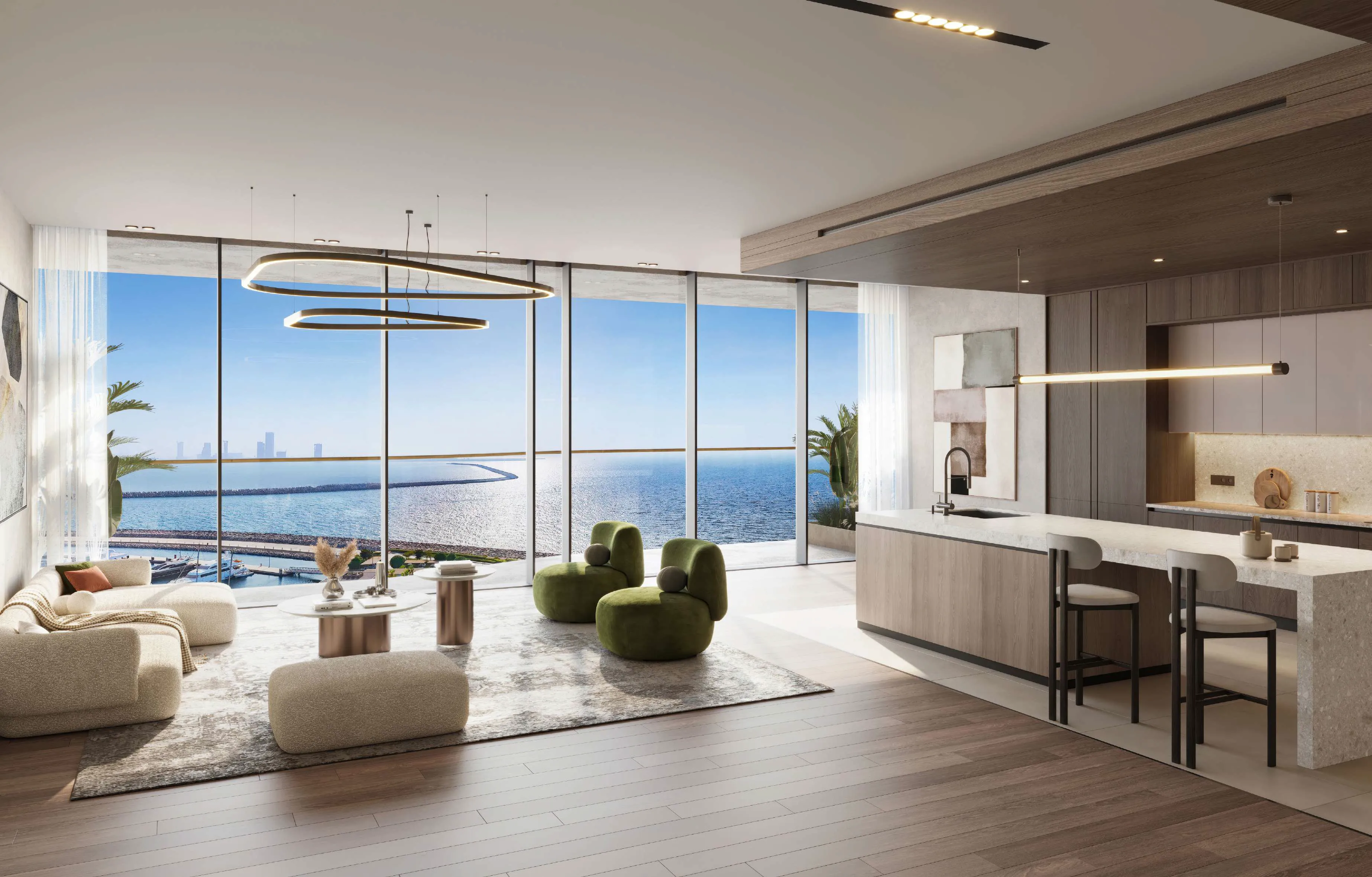 Signature penthouse living room with full-height glazing and sea views